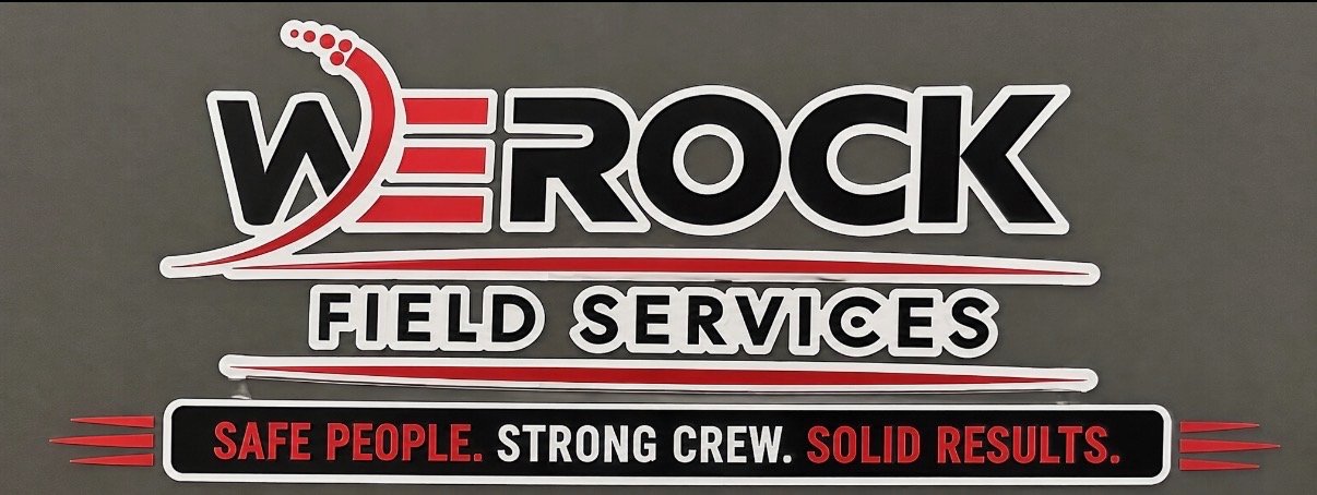 We Rock Field Services hard hat sticker: Safe People. Strong Crew. Solid Results.