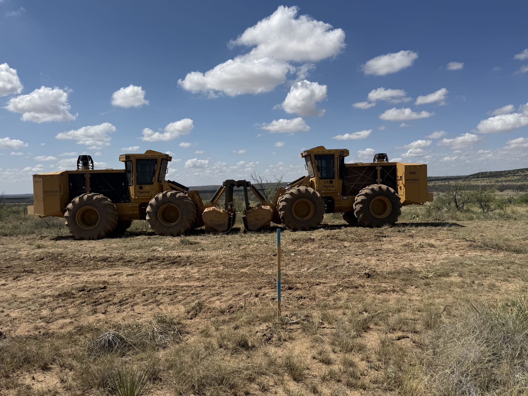 Two We Rock Tigercat M726G mulchers on a West Texas right-of-way